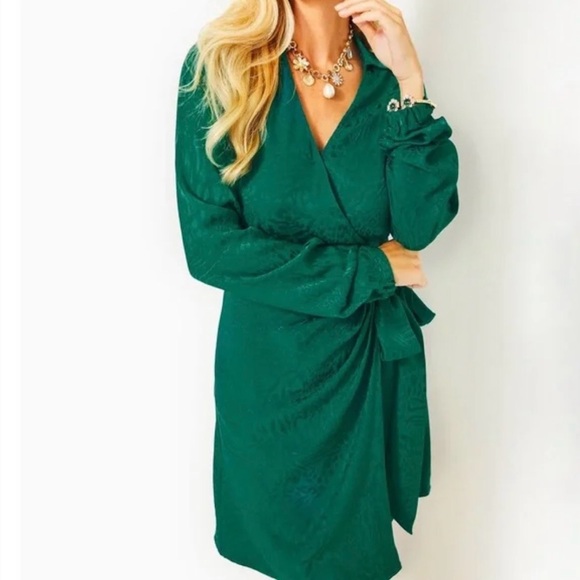 Lilly Pulitzer Nicolina Animal Jacquard Wrap Evergreen Minidress - Picture 2 of 5